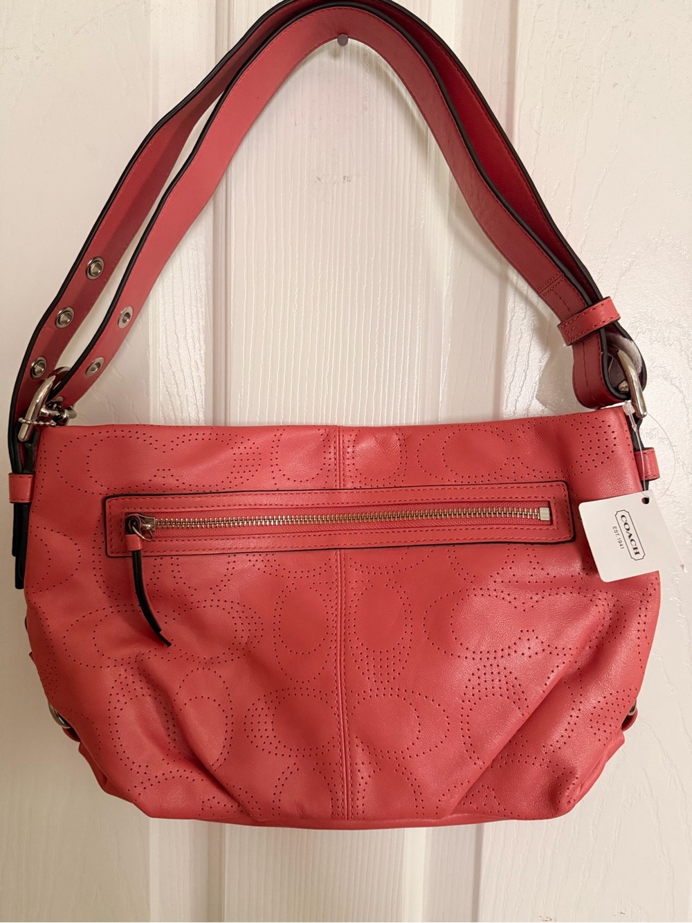 Coach Coral Pink Perforated Leather Shoulder Bag